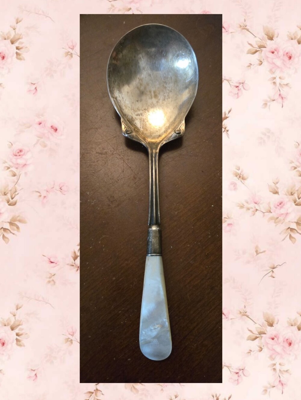 Vintage Silver-Plate Serving Spoon with White Mother-of-Pearl Handle